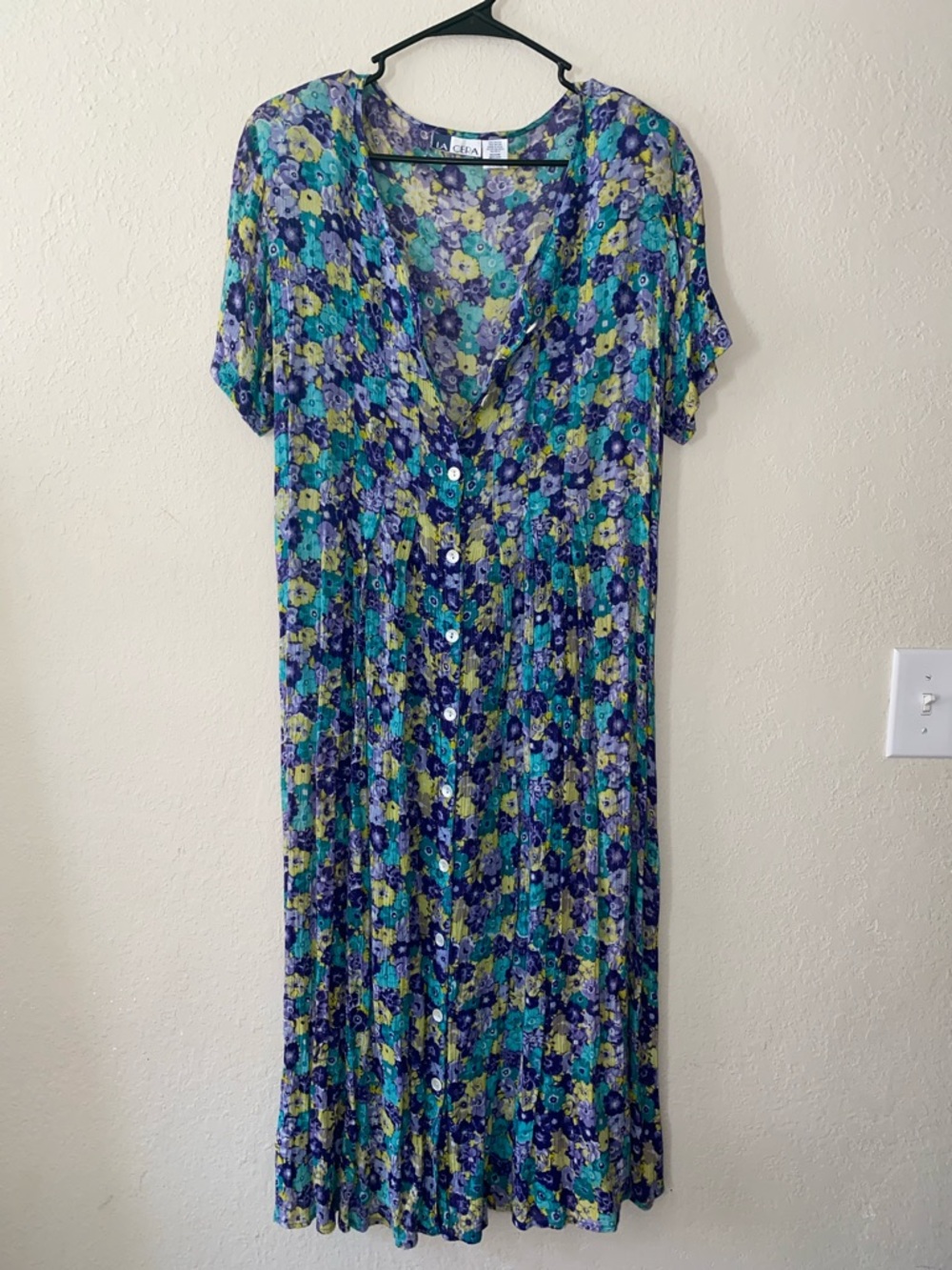 Vintage Floral Button-Front Midi Dress Tie Back Strings in Teal & Purple - Picture 2 of 11